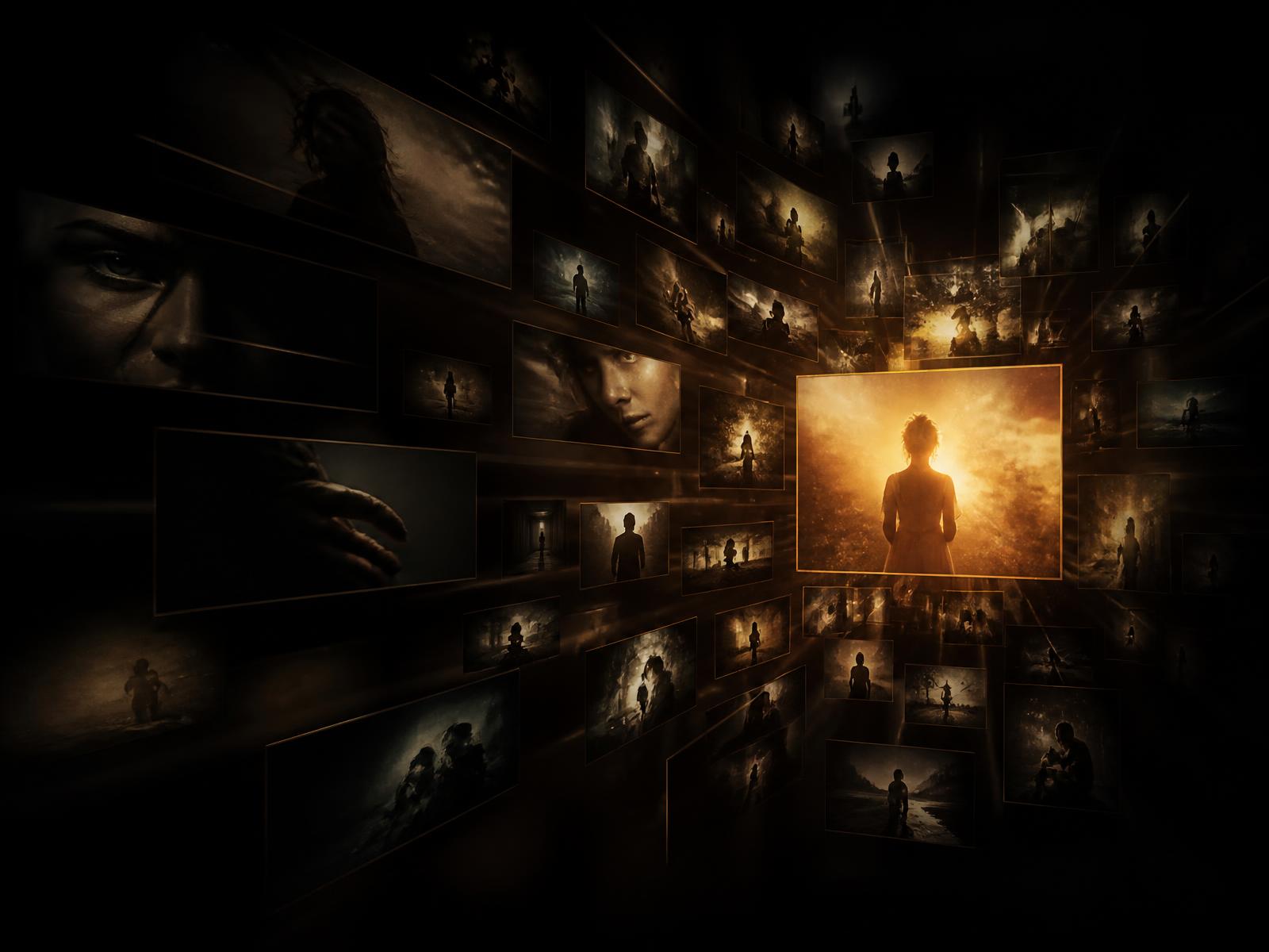 A wall of dimly lit film frames converging on one glowing image